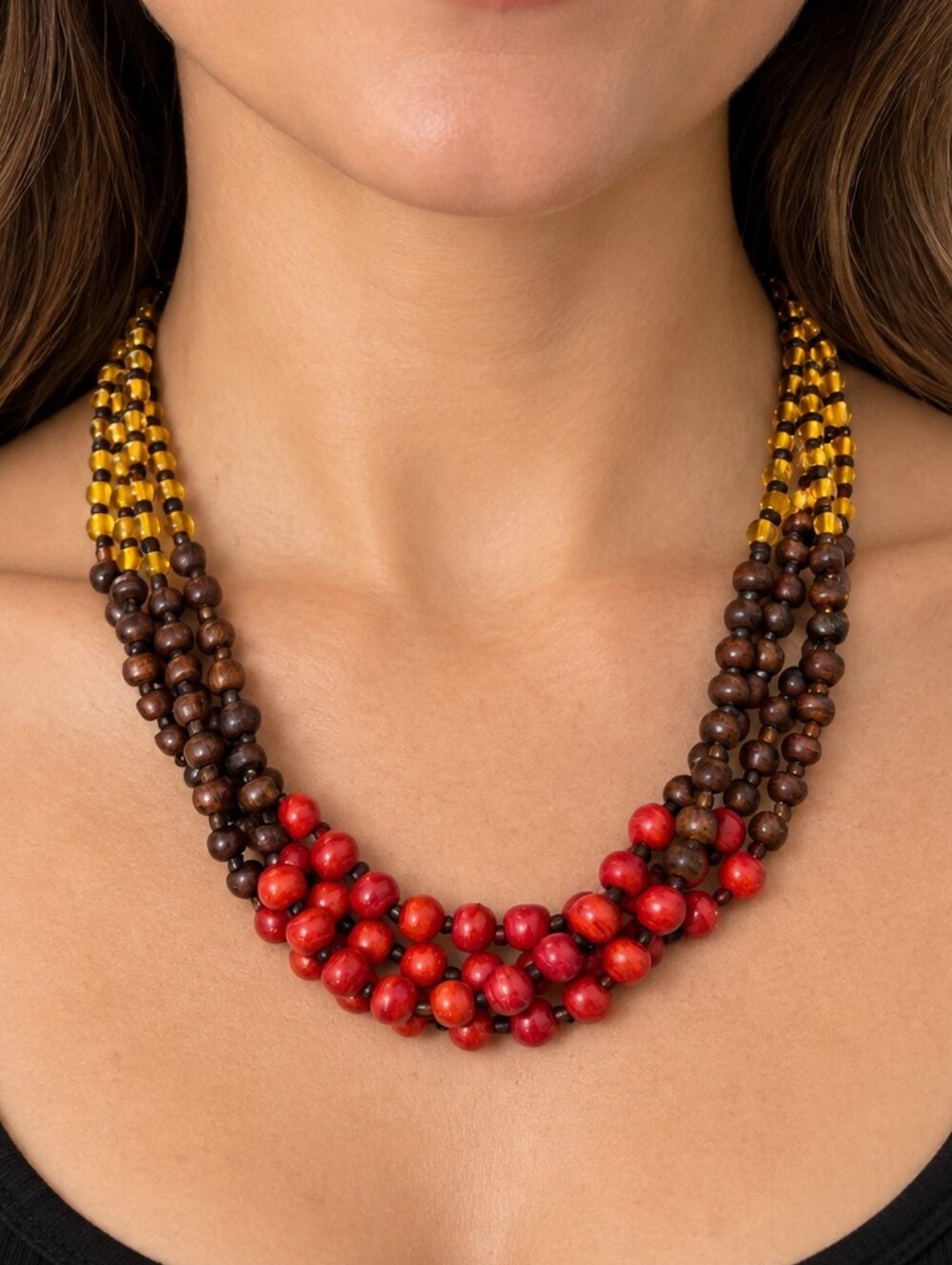 Vintage Multicolor Glass and Wood Beaded Twisted Statement Necklace